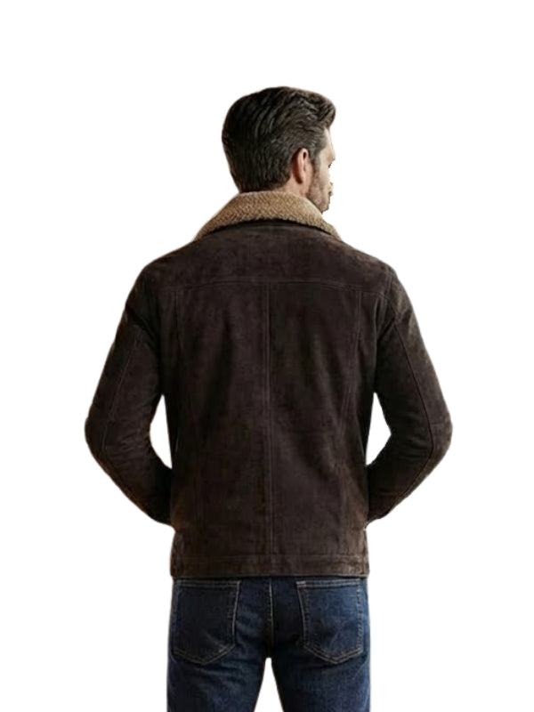 Man wearing a brown jacket with a fur collar on a white background