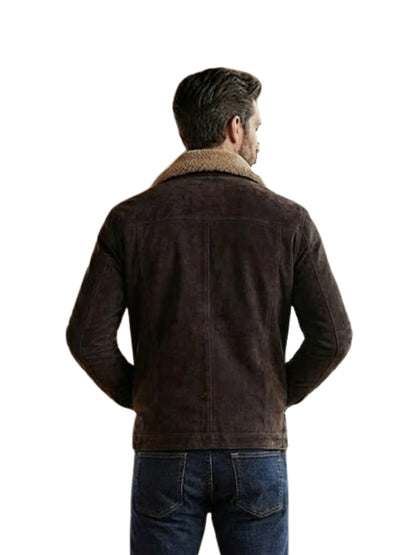 Man wearing a brown jacket with a fur collar on a white background