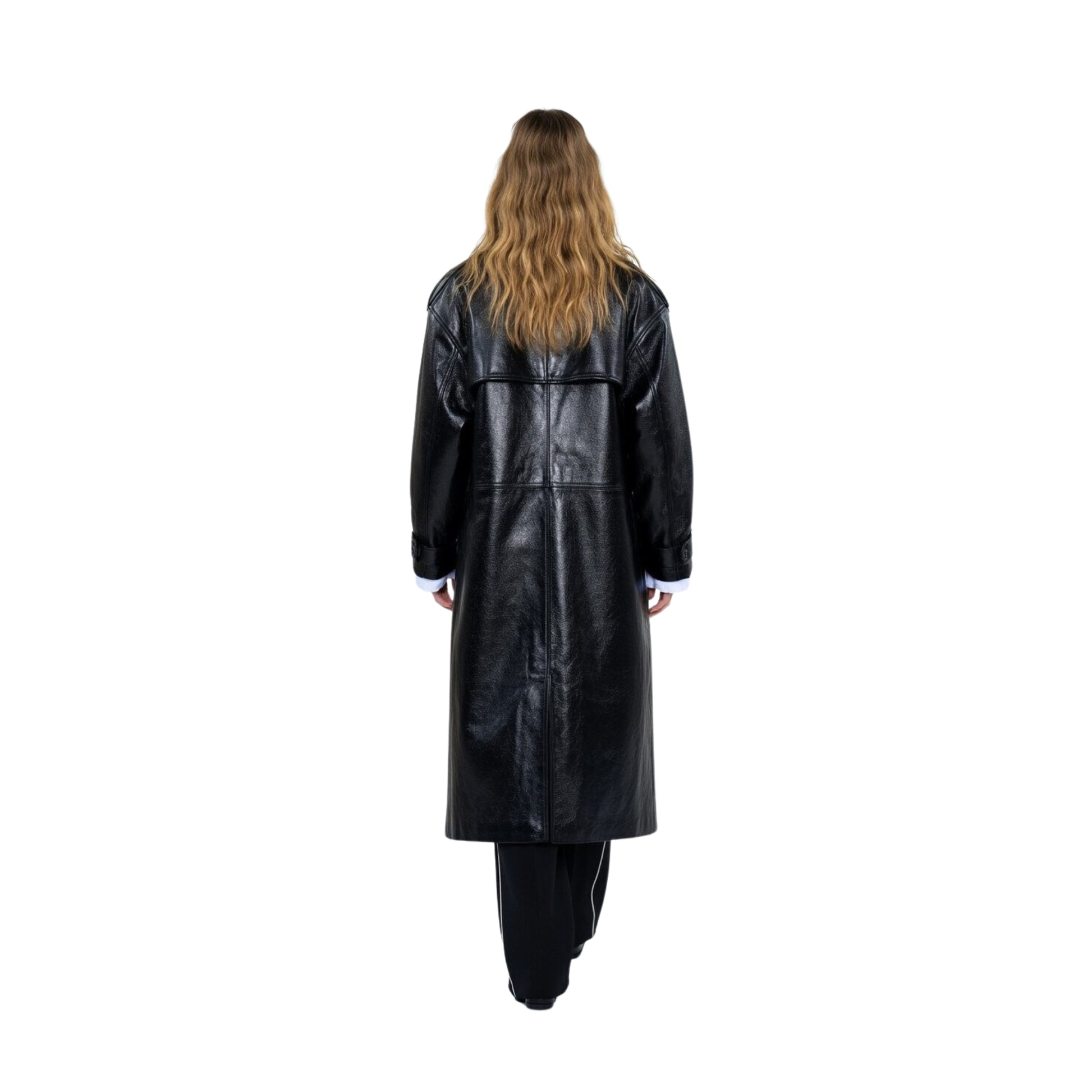 Person wearing a long black leather coat on a white background