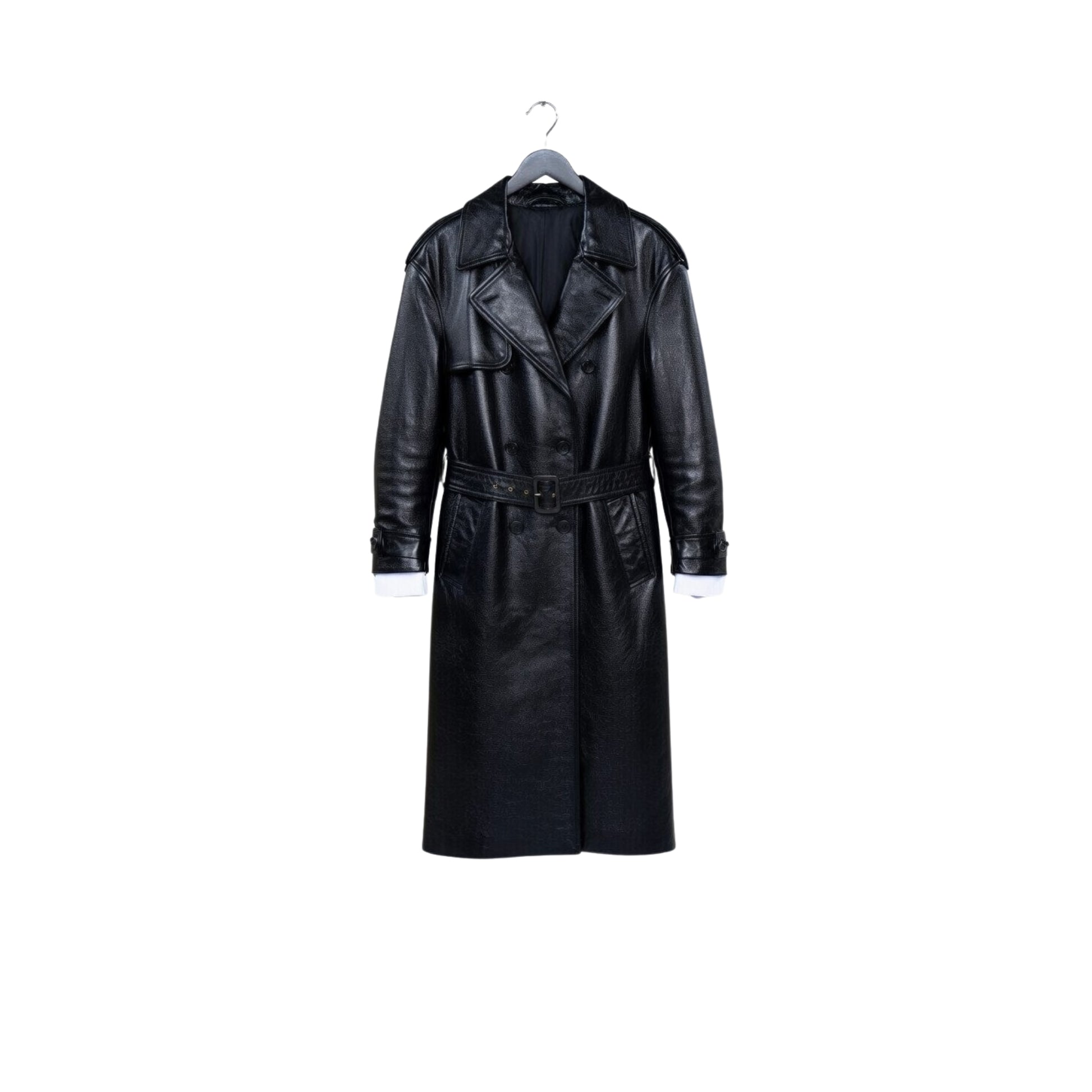 Black leather trench coat on a hanger against a white background