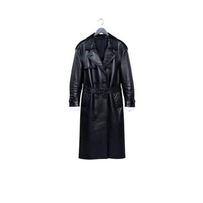 Black leather trench coat on a hanger against a white background