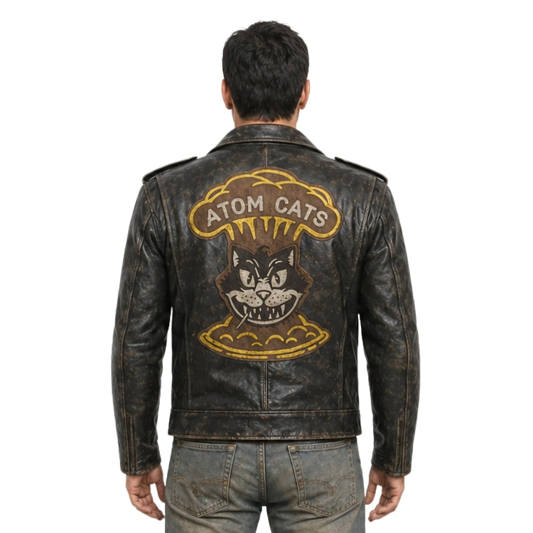 Man wearing a leather jacket with 'Atom Cats' design on the back