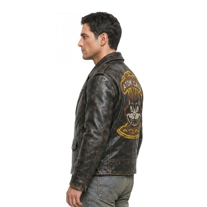 Man wearing a leather jacket with a visible brand logo on a white background