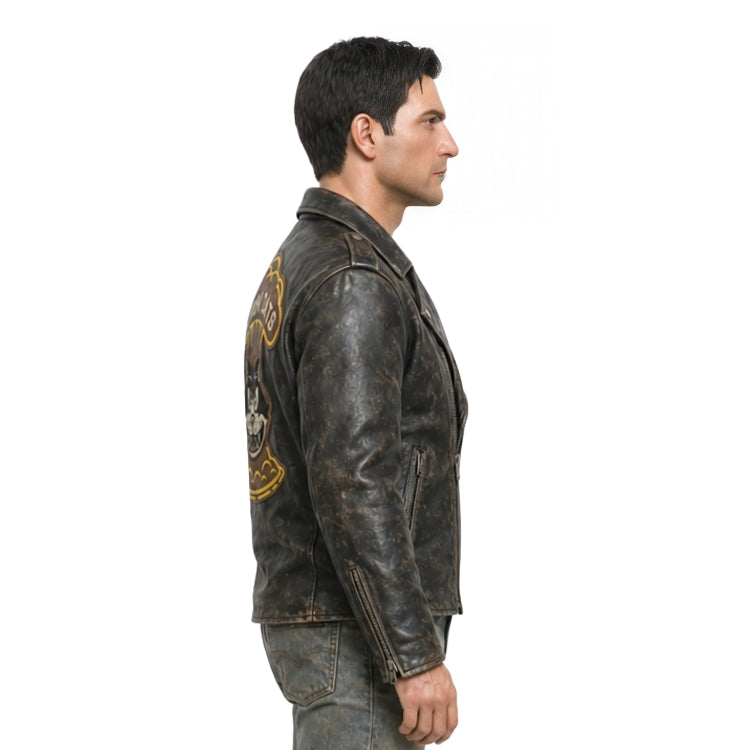 Man wearing a leather jacket with embroidery on a white background