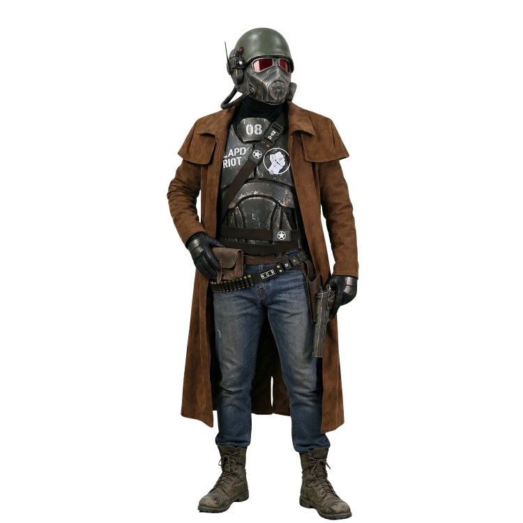 Person wearing a futuristic outfit with a helmet, coat, and jeans on a white background