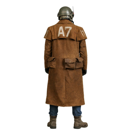 Person wearing a long brown coat with 'A7' on the back, helmet, and boots on a white background