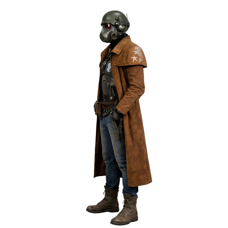 Person wearing a futuristic outfit with a brown coat and helmet on a white background