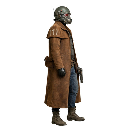 Character in a long brown coat and helmet with a white background