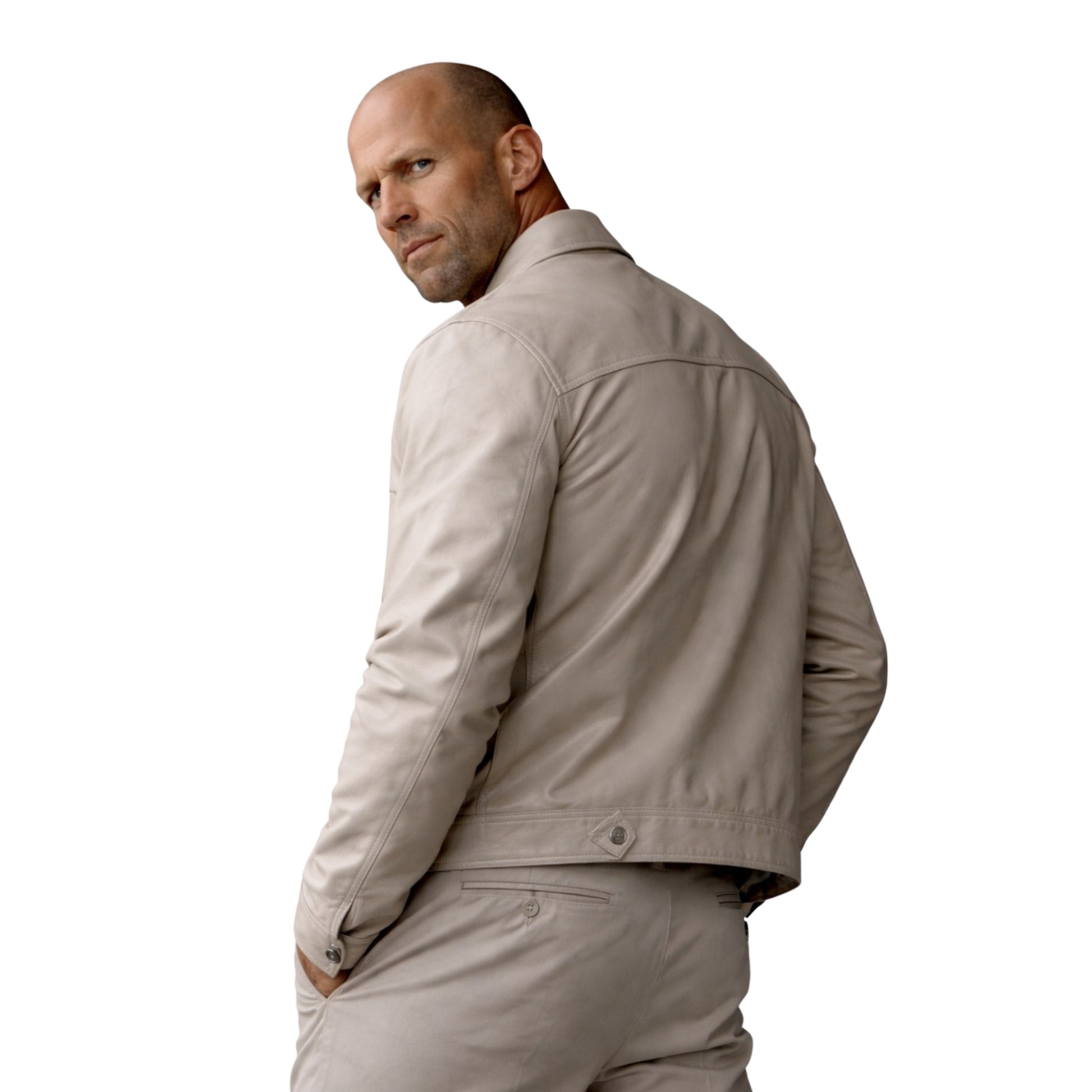 Man wearing a beige jacket and pants on a white background