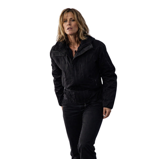 Woman wearing a black jacket on a white background