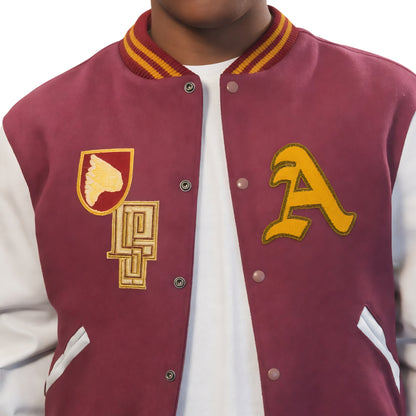 Maroon letterman jacket with gold and white accents worn by a person.