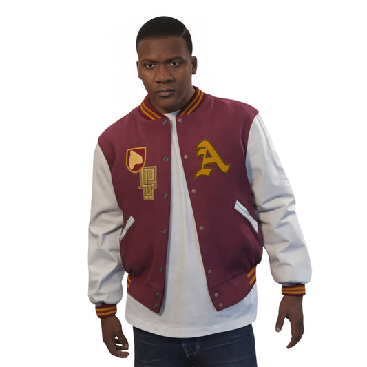 Man wearing a maroon and white varsity jacket with letterman design on a white background