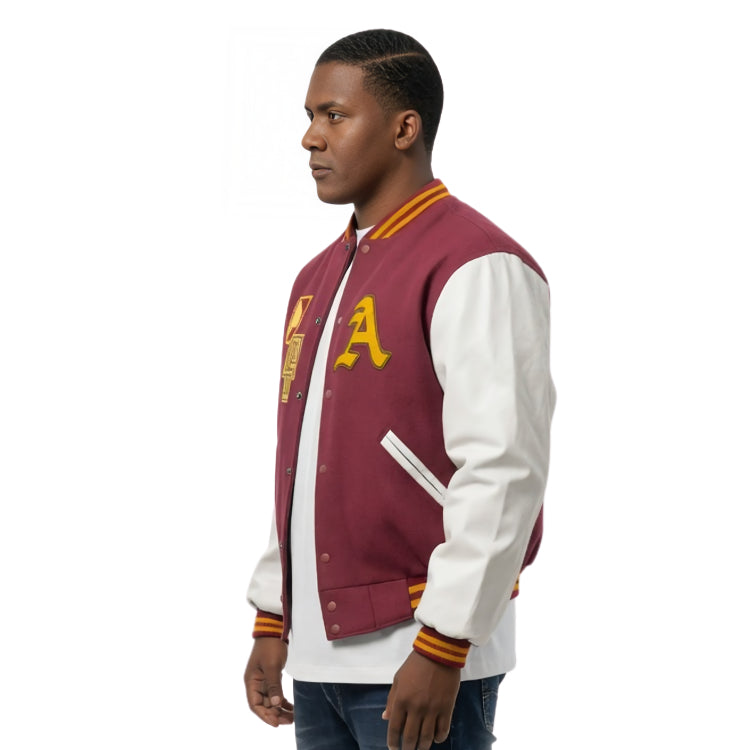 Man wearing a maroon and white varsity jacket with yellow lettering on a white background