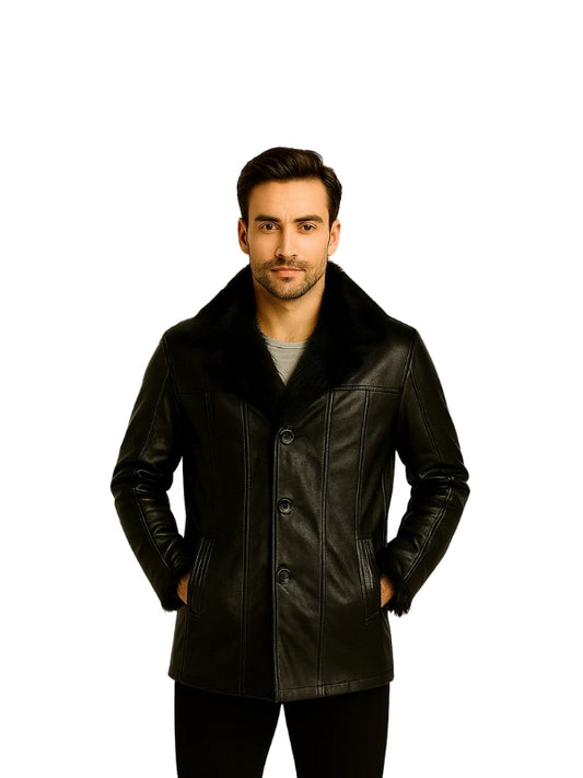 Furcliff Black Leather Coat