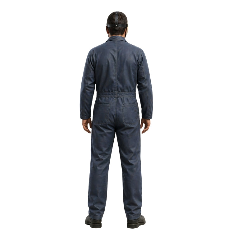 Person wearing a blue coverall on a white background