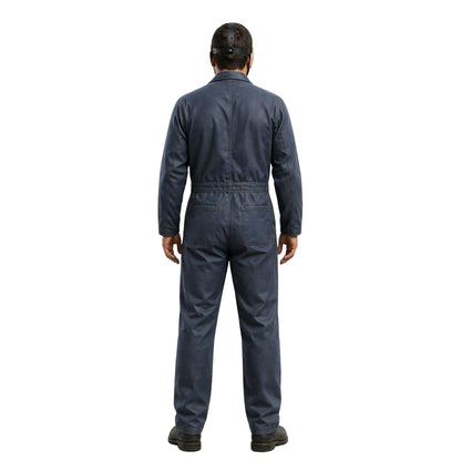 Person wearing a blue coverall on a white background