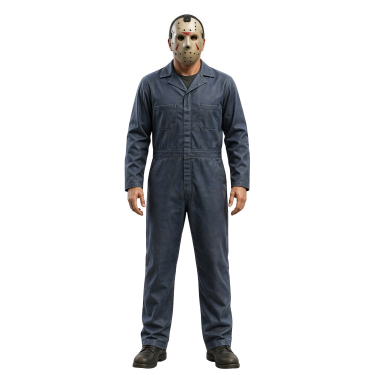 Person wearing a blue coverall and hockey mask on a white background