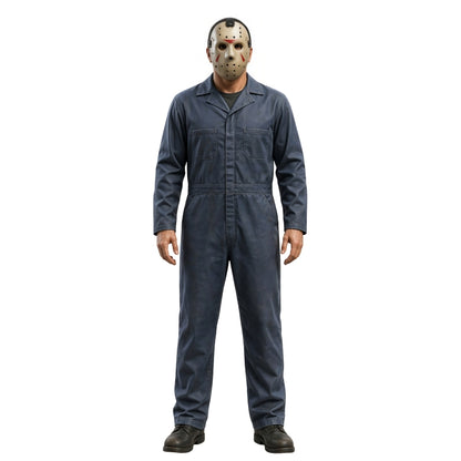 Person wearing a blue coverall and hockey mask on a white background