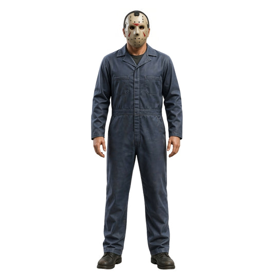 Person wearing a blue coverall and hockey mask on a white background