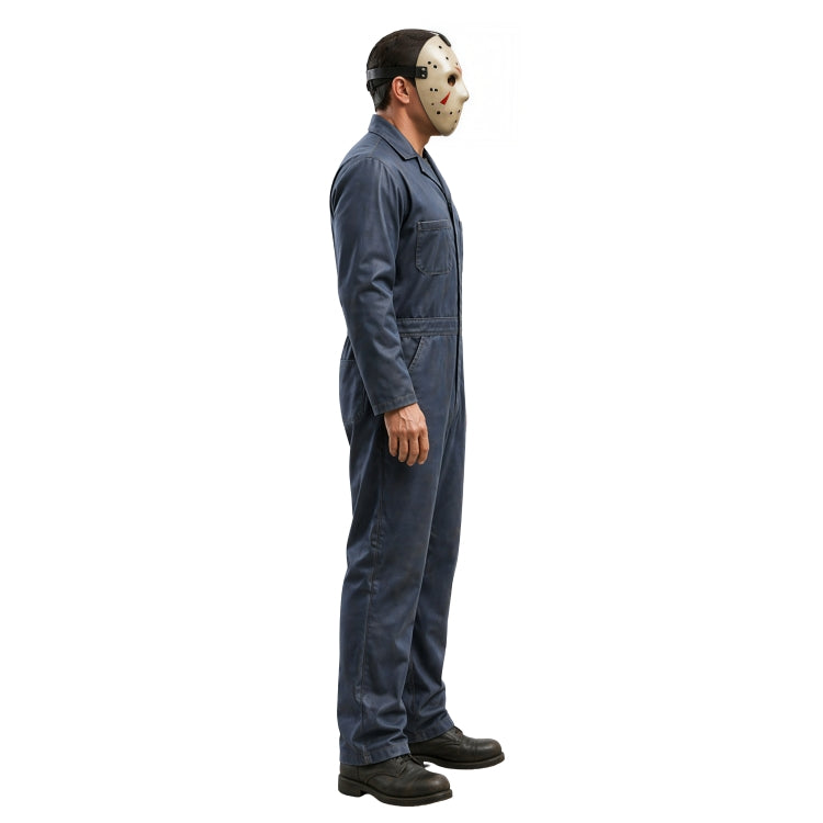 Person wearing a blue coverall and hockey mask on a white background