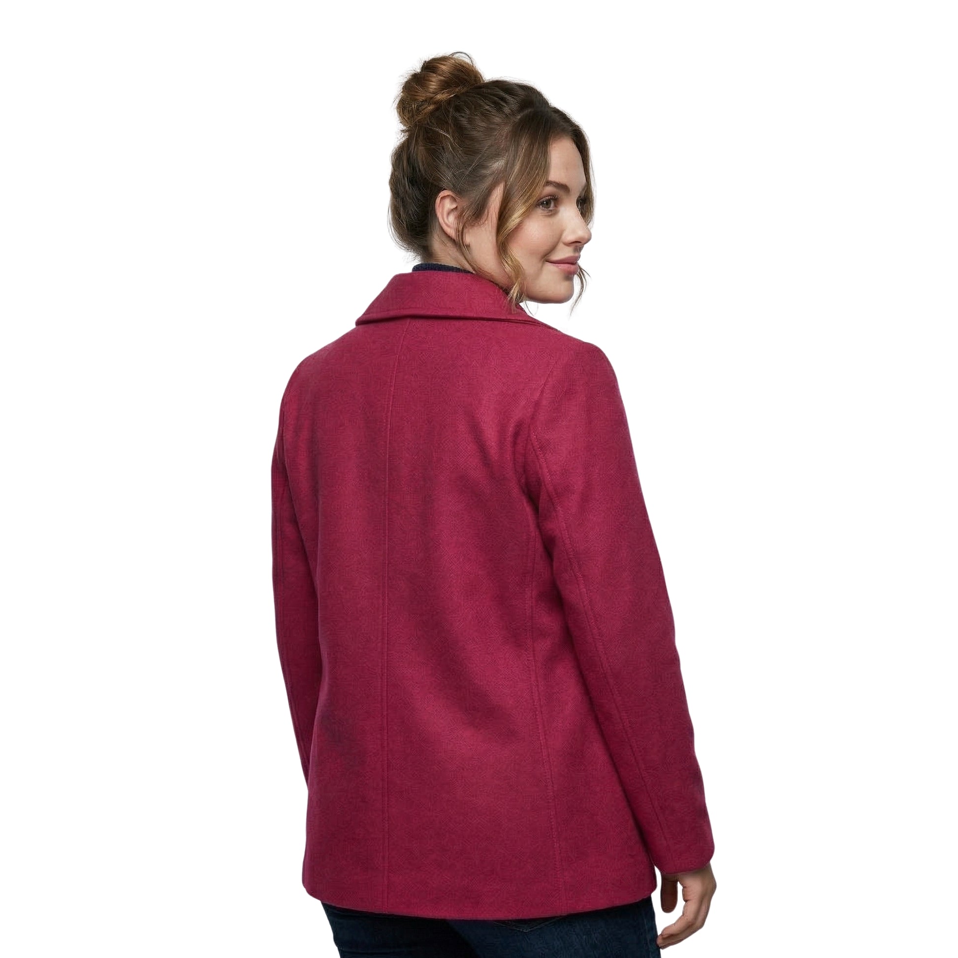 Woman wearing a red coat on a white background