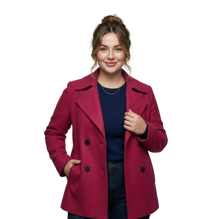 Woman wearing a red coat on a white background