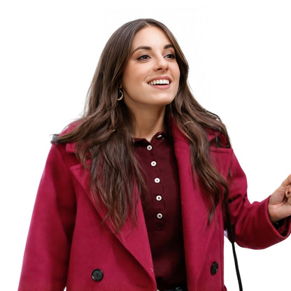 Woman wearing a red coat on a white background
