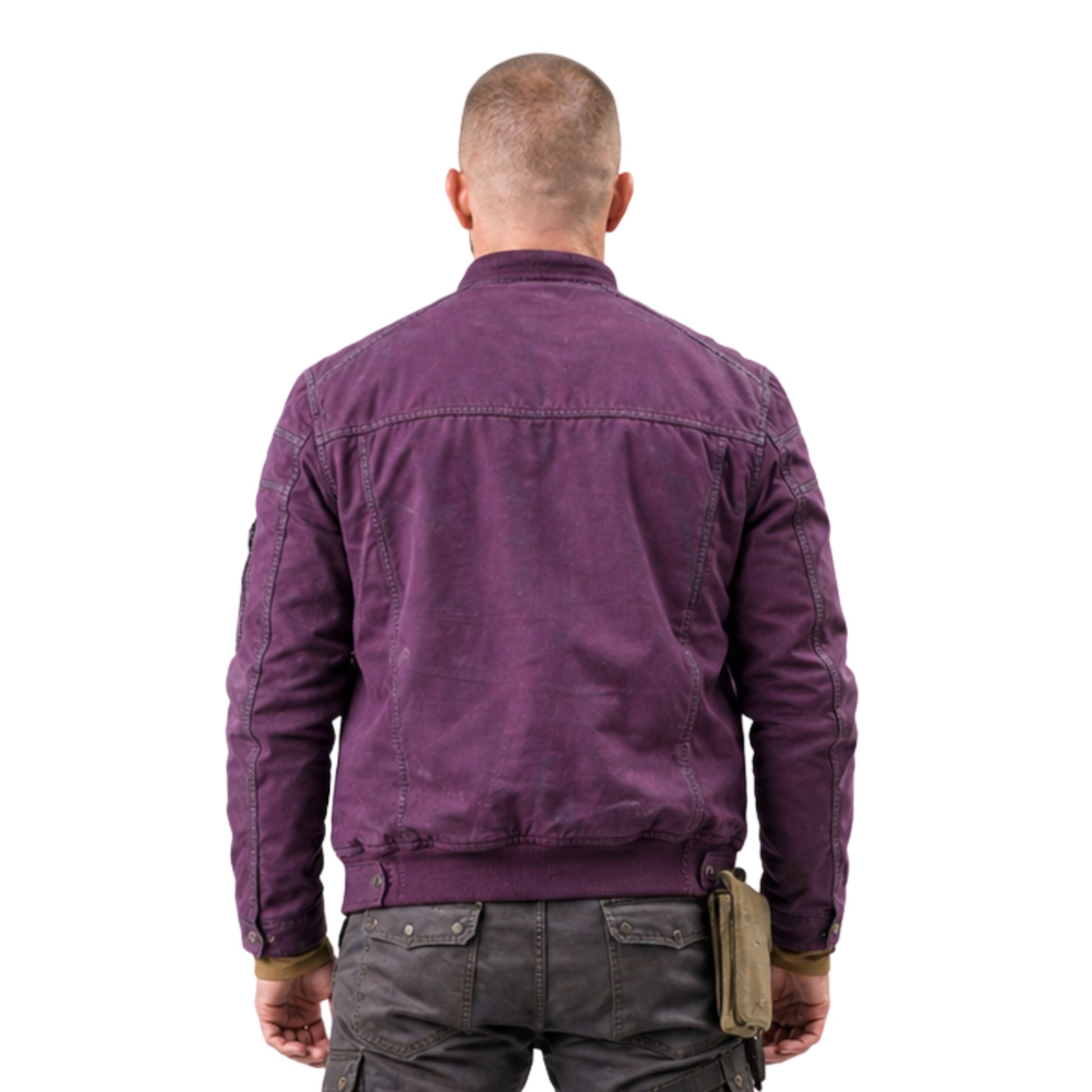 Person wearing a purple jacket from behind on a white background