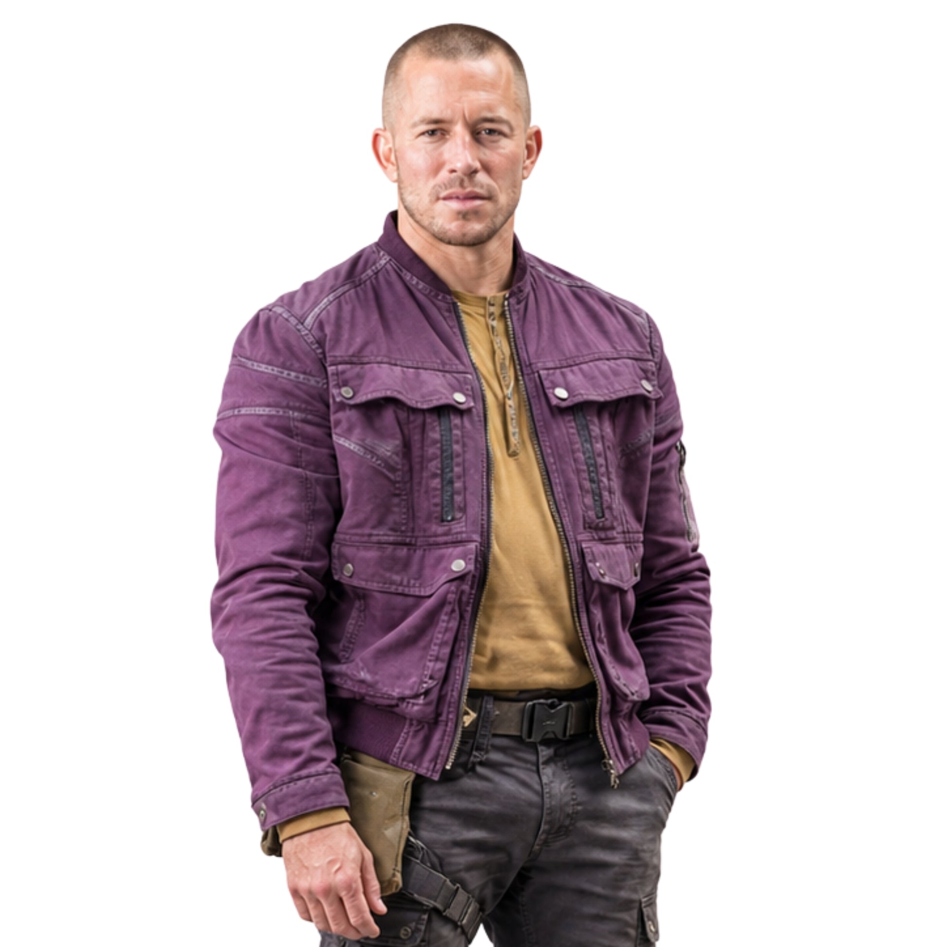 Man wearing a purple jacket on a white background