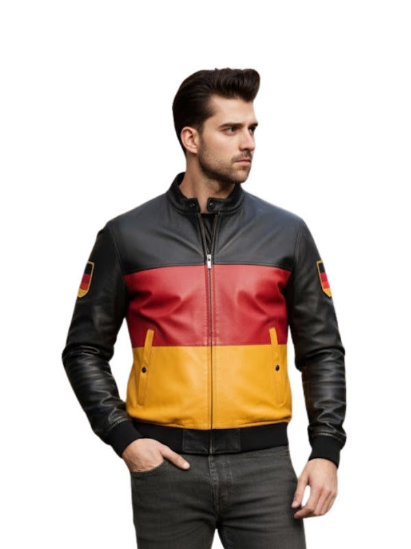 Man wearing a jacket with black, red, and yellow design on a white background