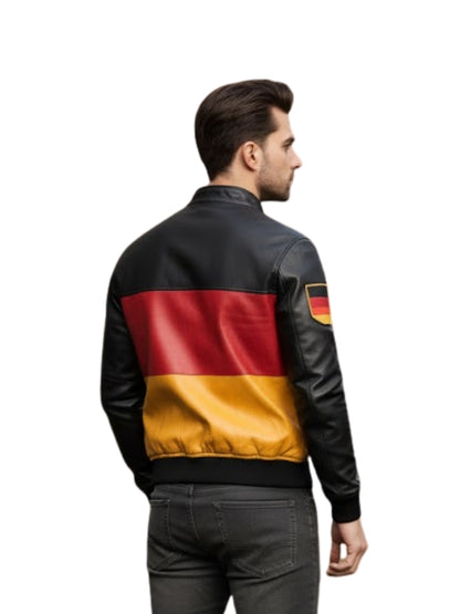 Man wearing a jacket with German flag design on a white background