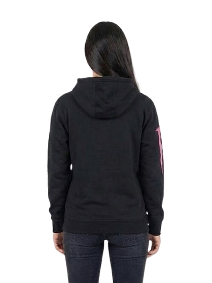 Person wearing a black hoodie with pink text on the back, standing against a white background