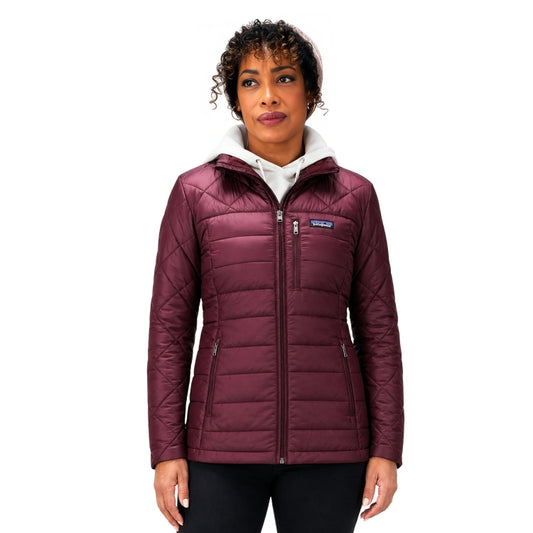 Women wearing maroon puffer jacket 