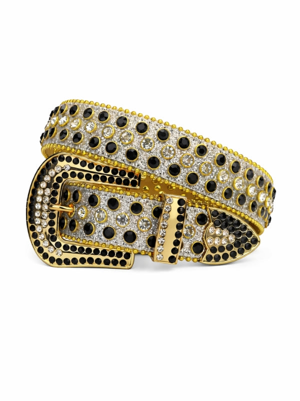 Gold belt with black and white gemstones on a white background