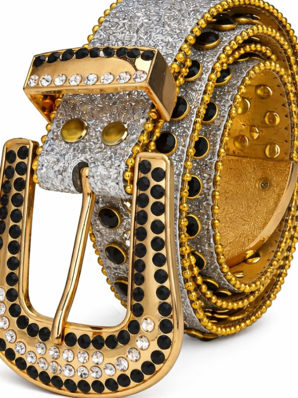 Gold and silver belt with black gemstones on a white background