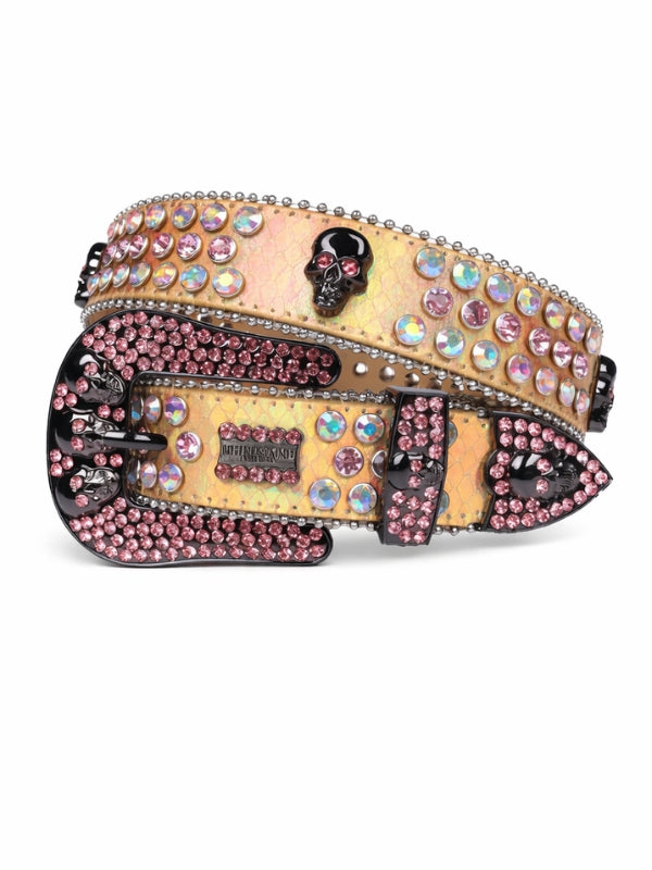 Decorative belt with pink and multicolored gemstones on a white background