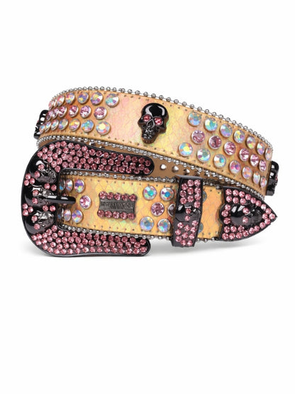 Decorative belt with pink and multicolored gemstones on a white background