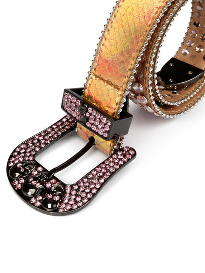 Dog collar with decorative pink and black buckle on a white background