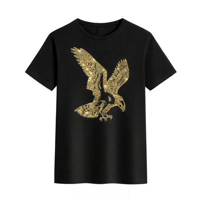 Black t-shirt with a gold eagle design on a white background