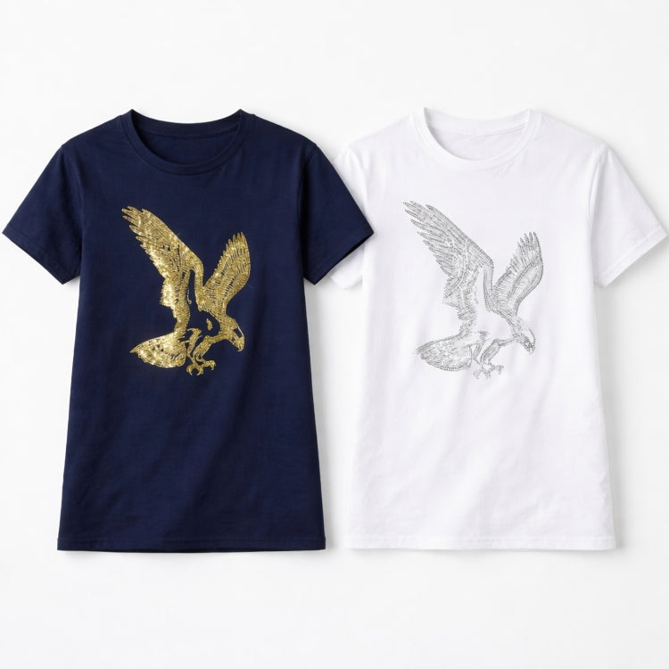 Navy blue t-shirt with gold eagle design and white t-shirt with silver eagle design on a white background