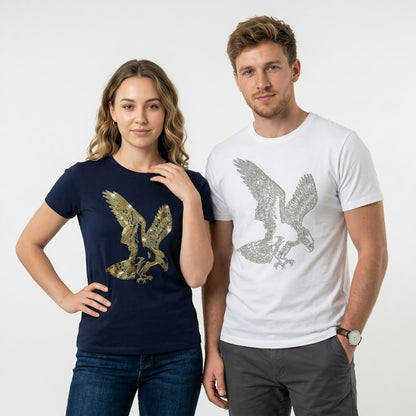 Two people wearing t-shirts with eagle designs on a plain background