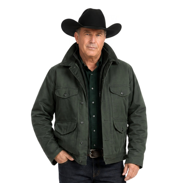 Man wearing a green jacket and black cowboy hat on a white background