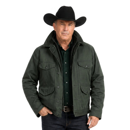Man wearing a green jacket and black cowboy hat on a white background