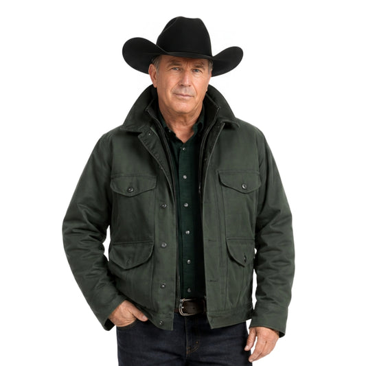 Man wearing a green jacket and black cowboy hat on a white background