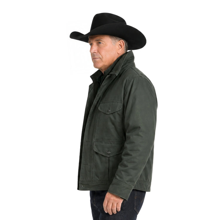 Man wearing a dark green jacket and black cowboy hat on a white background