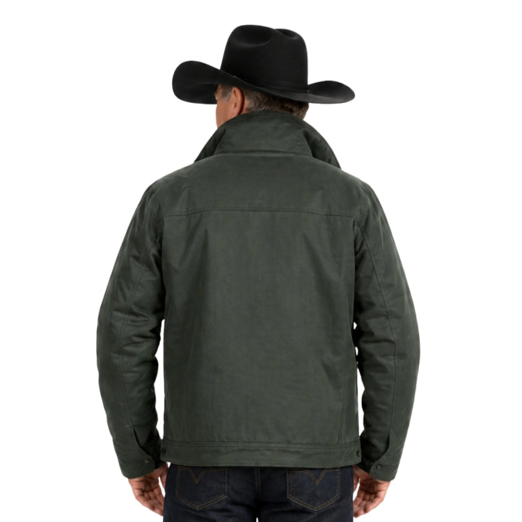 Man wearing a dark green jacket and black cowboy hat on a white background