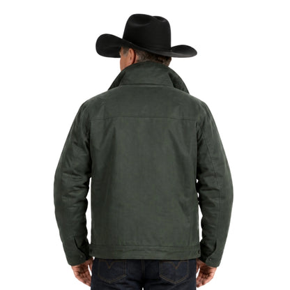 Man wearing a dark green jacket and black cowboy hat on a white background