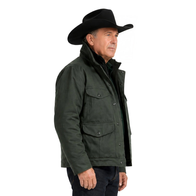 Man wearing a green jacket and black cowboy hat on a white background