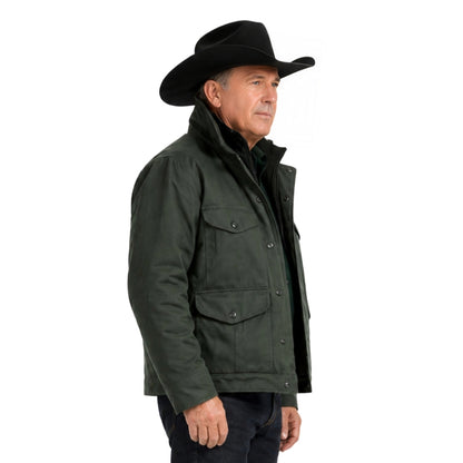 Man wearing a green jacket and black cowboy hat on a white background