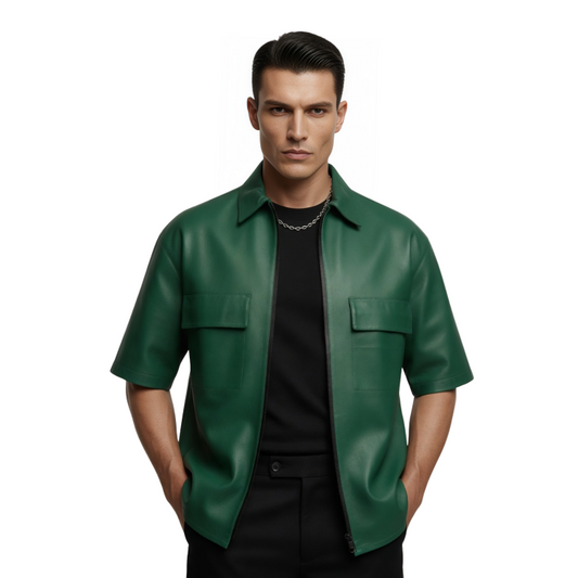 Green Short Sleeve Leather Overshirt